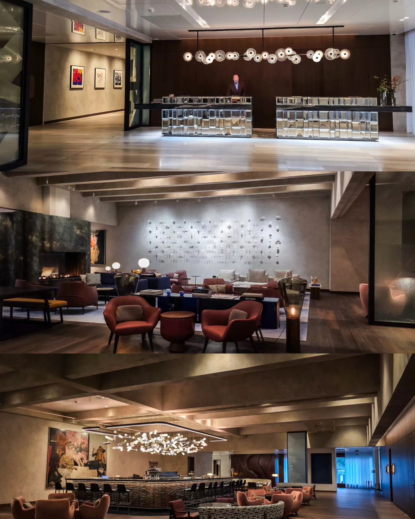 Hotel lobby reception with sculptural lighting